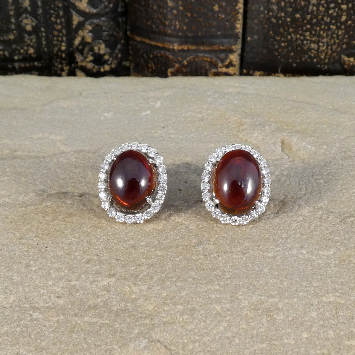 Cabochon Garnet and Diamond Halo Stud Earrings in 18ct White Gold