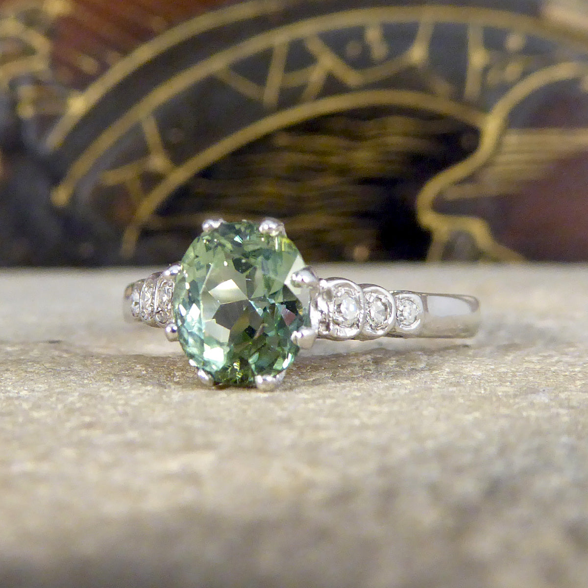 Enchanting Green Tourmaline Ring with Diamond Shoulders in 18ct White Gold