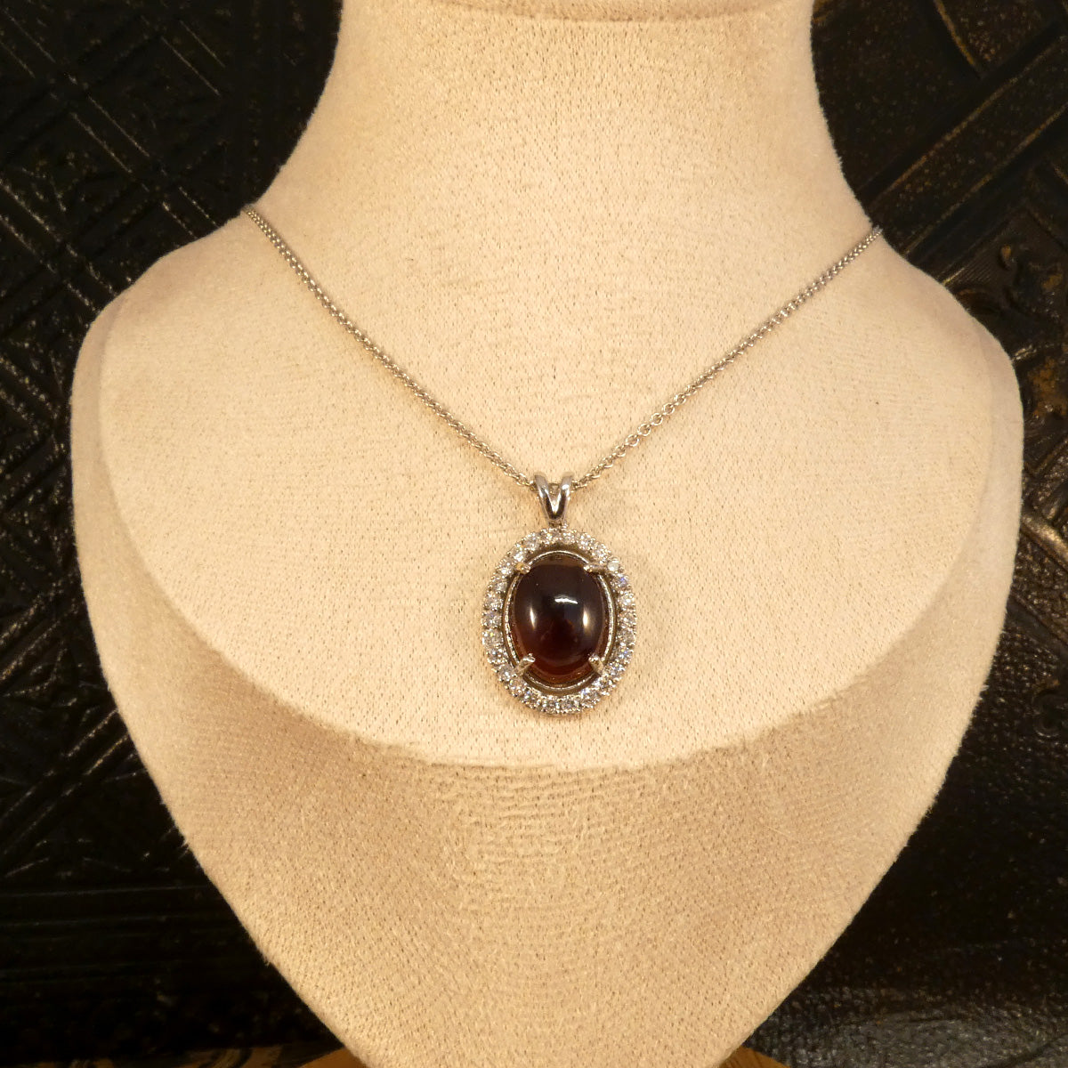 Cabochon Garnet and Diamond Halo Pendant Necklace in 18ct White Gold