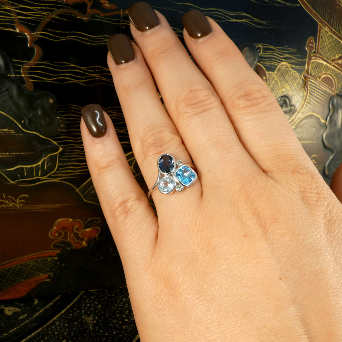 Trio of Blue Topaz and Diamond Cocktail Ring in White Gold