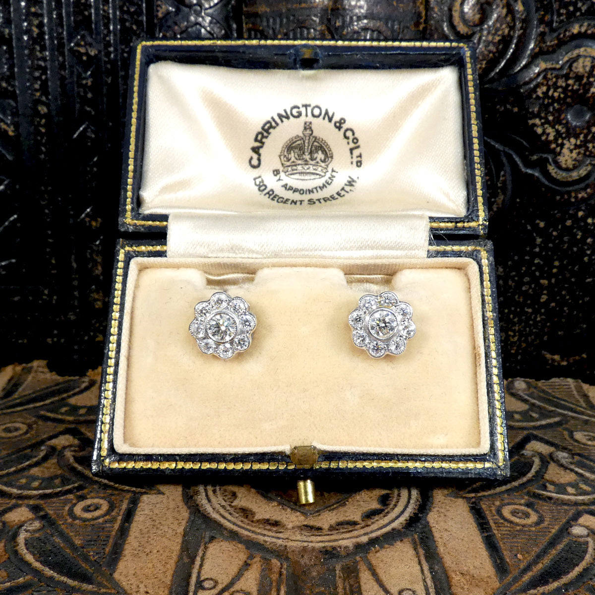 Edwardian Style Diamond Flower Cluster Stud Earrings in 18ct White Gold