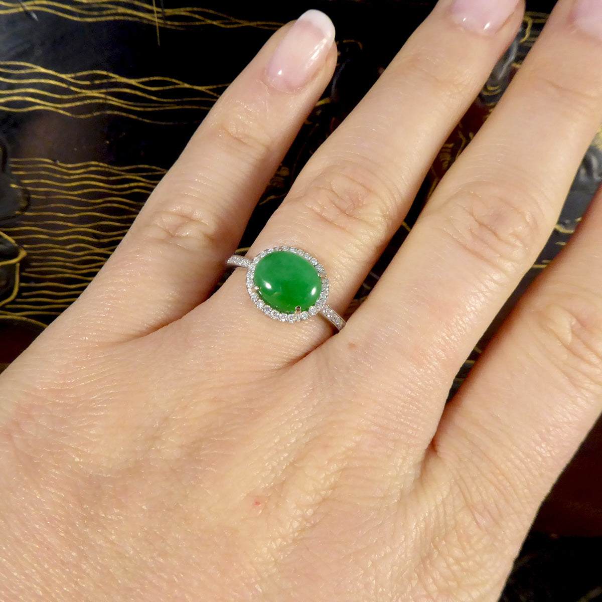 Jade and Diamond Halo Cluster ring in Platinum