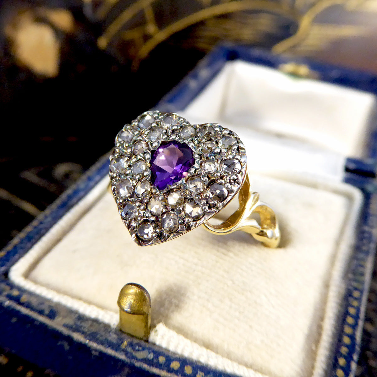 Early Victorian Style Amethyst and Rose Cut Diamond Heart Ring in 18ct Gold