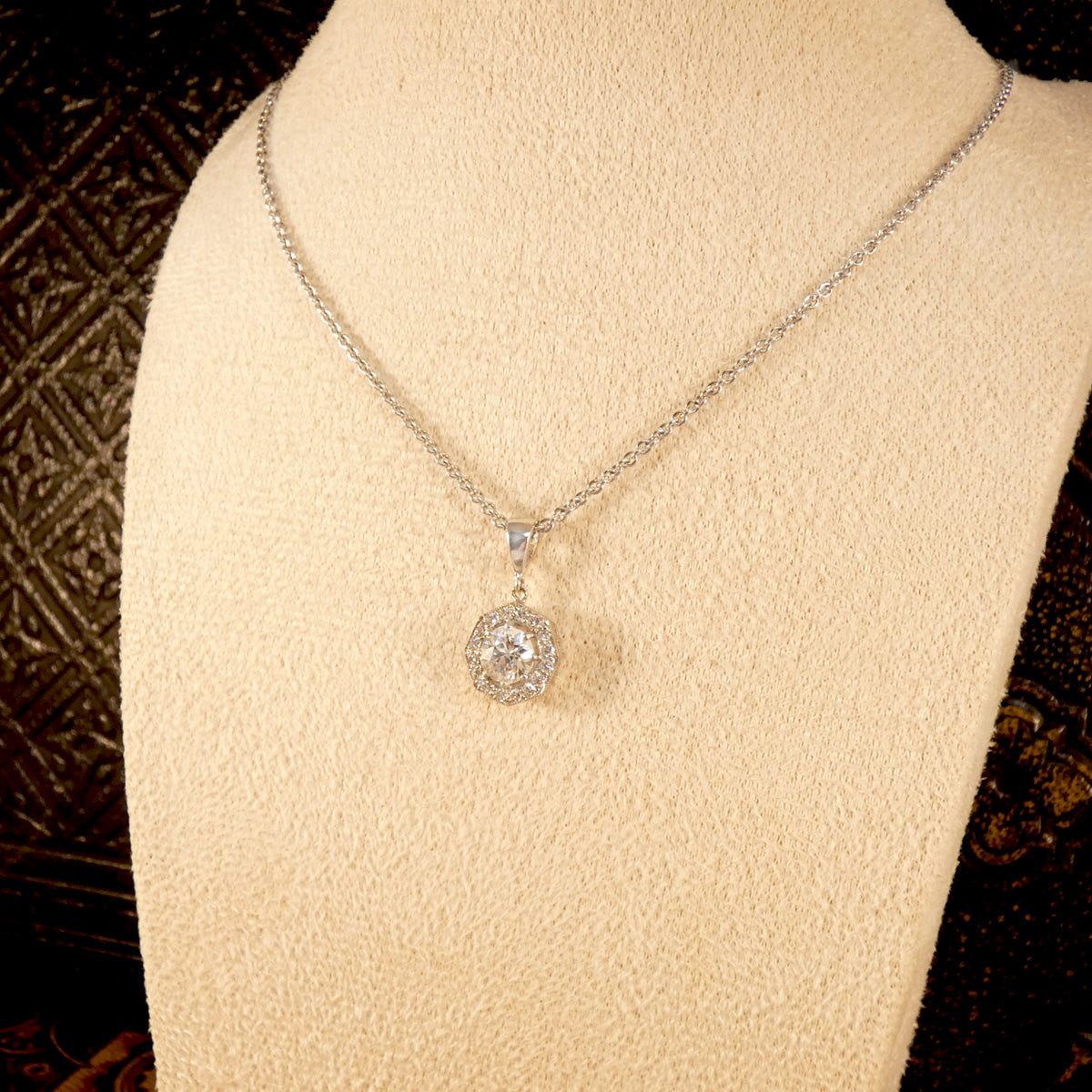 0.86ct Diamond Octagon Halo Cluster Pendant Necklace in Platinum shown on bust to see how it would look on a neckline.