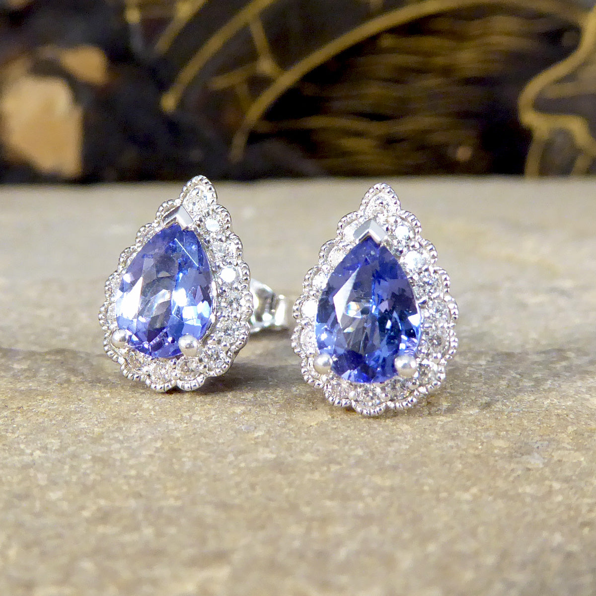 Pear Cut Tanzanite and Diamond Cluster Earrings in White Gold