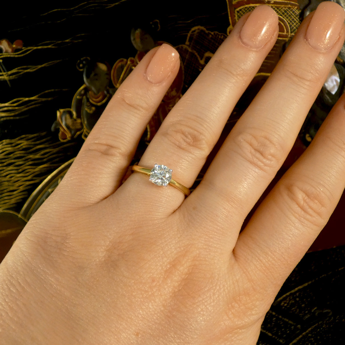 Diamond solitaire engagement ring shown on the hand to see an didea of the size and how it will appear when worn.