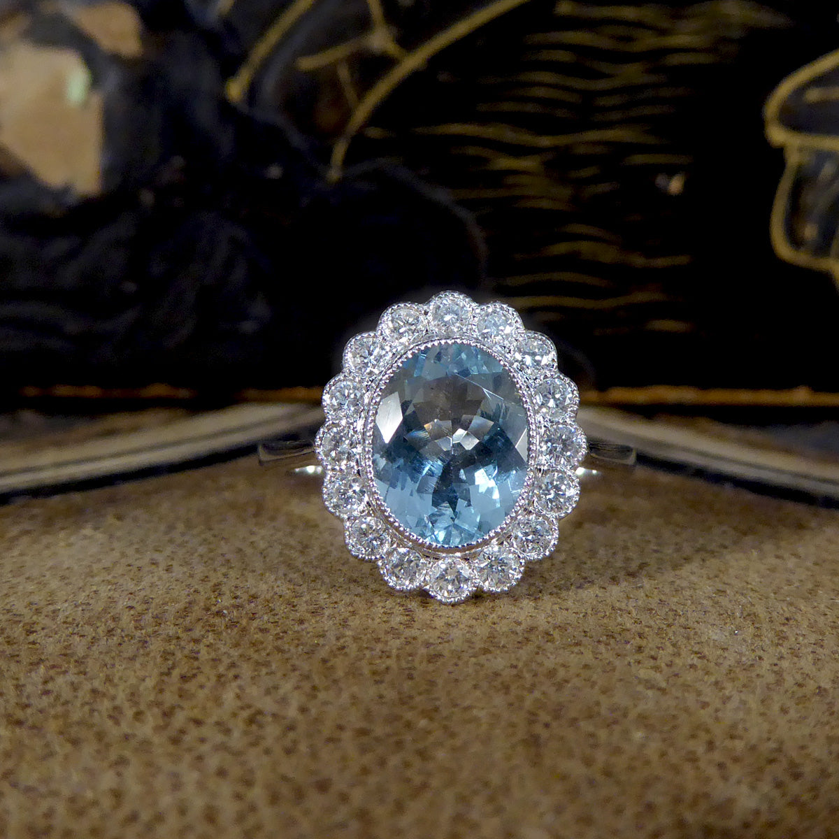 Vintage style 1.69ct Aquamarine and Diamond Cluster Ring in 18ct White Gold