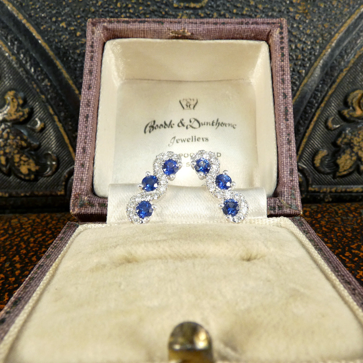 Ceylon Sapphire and Diamond Three Stone Lazy River Earrings in Platinum