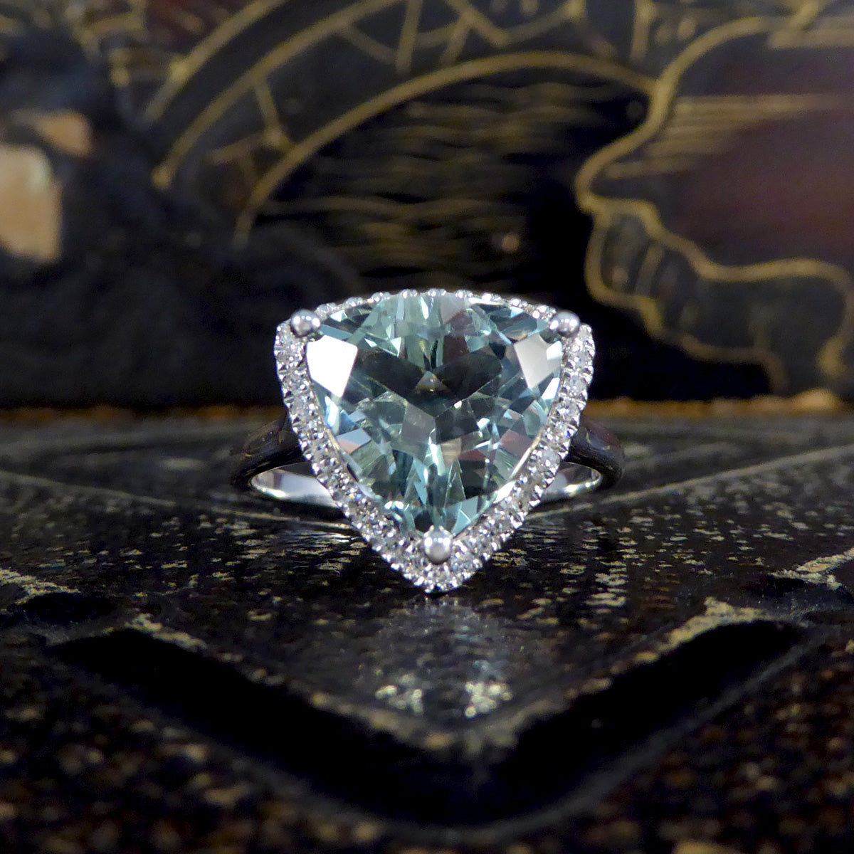 Majestic Trillion Cut Green Amethyst and Diamond Halo Dress Ring in White Gold