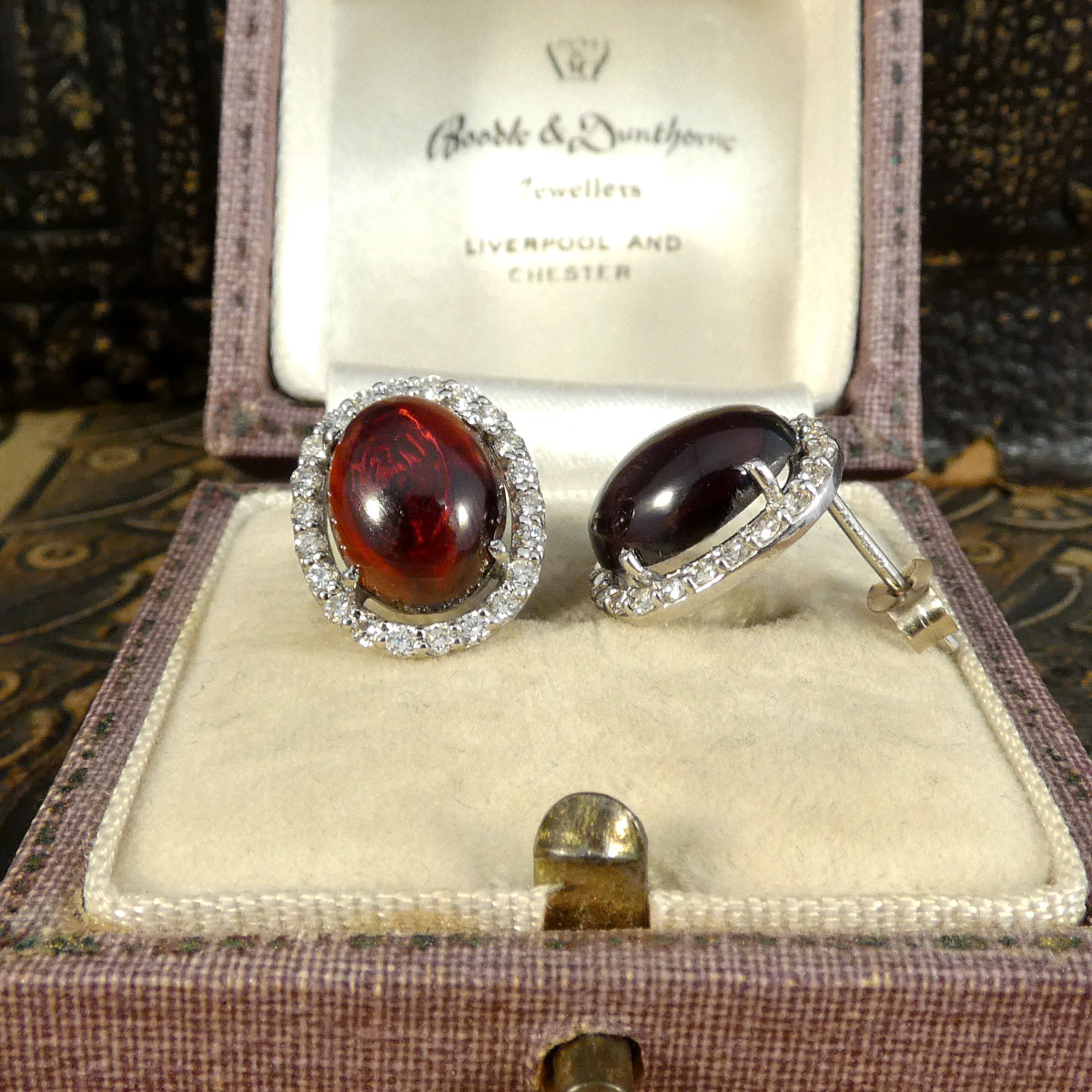 Cabochon Garnet and Diamond Halo Stud Earrings in 18ct White Gold