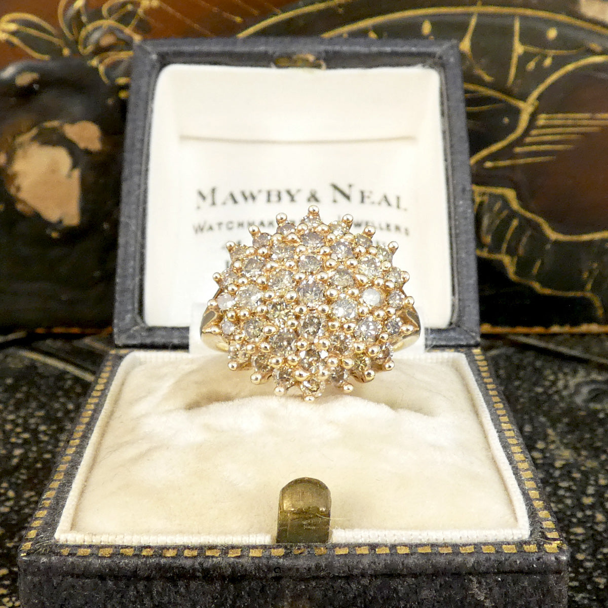 Champagne Tinted Diamond Cluster Cocktail Ring in Yellow Gold with a total diamond weight of approximately 1.50ct sparkling from every angle. displayed in vintage box, the perfect gift.