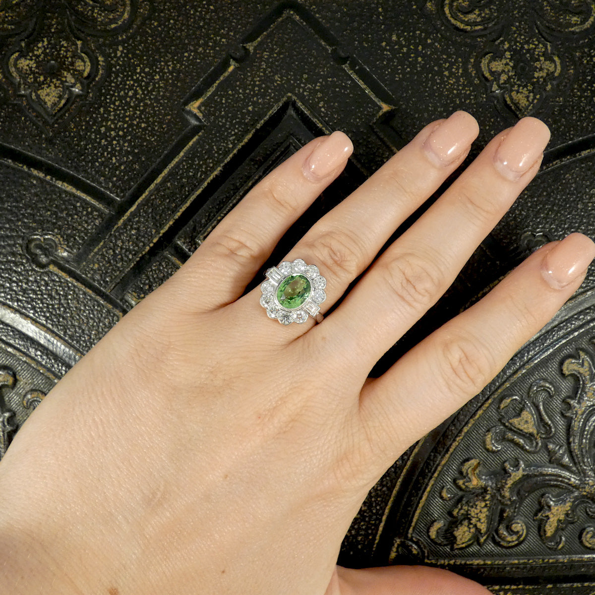 Edwardian Style 2.51ct Green Garnet and 1.20ct Diamond Cluster Ring in Platinum