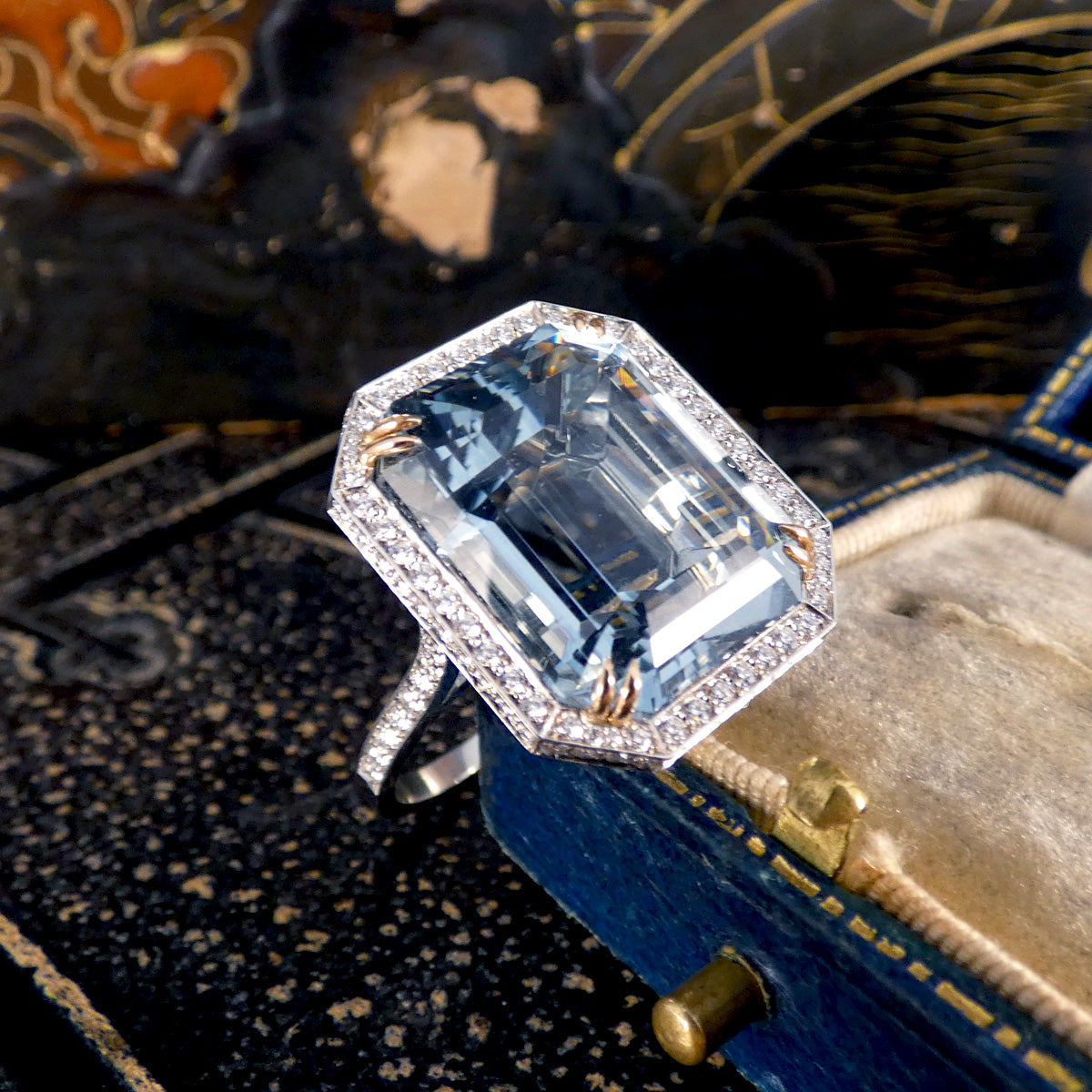 Large Aquamarine and Diamond Halo Ring with Diamond set Shoulders in Platinum