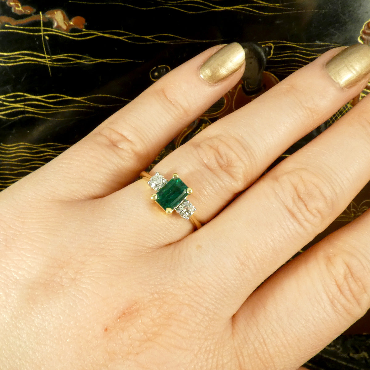 Gorgeous Edwardian style classic Emerald Cut Emerald and Old Cut Diamond three stone ring in 18ct Yellow and White Gold. Shown on hand for size ratio and view on finger.