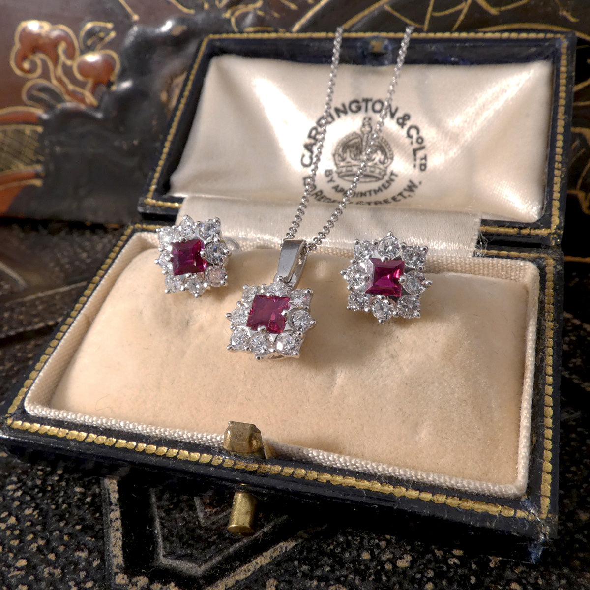 Vintage Ruby and Diamond Cluster Earrings and Necklace Set in 18ct White Gold