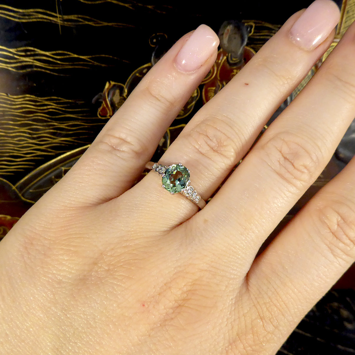 Enchanting Green Tourmaline Ring with Diamond Shoulders in 18ct White Gold