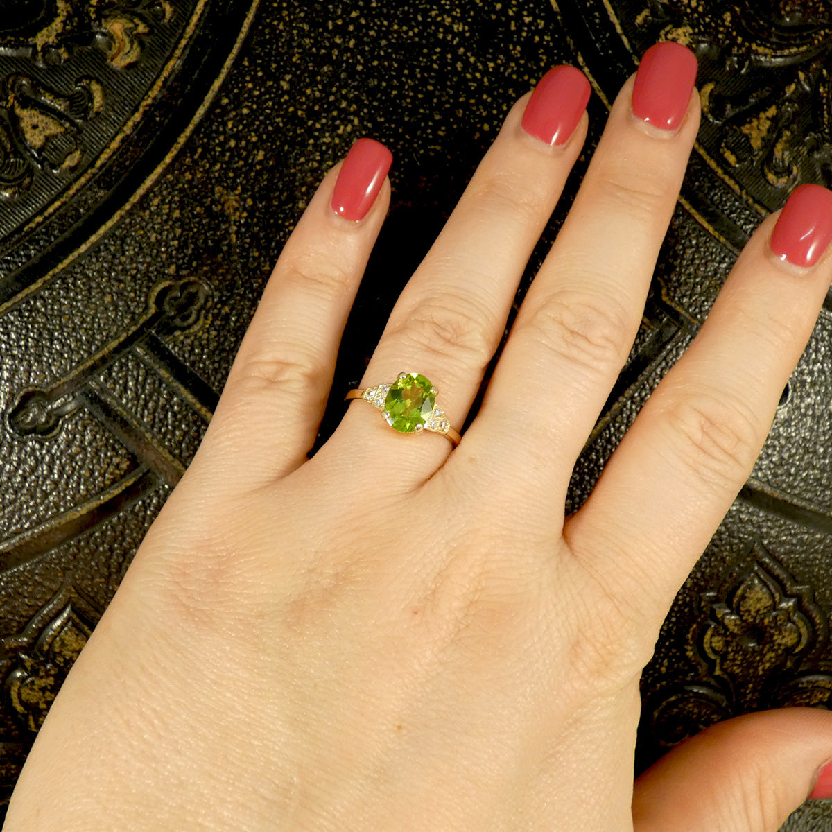 Art Deco Inspired Peridot and Diamond Ring in Yellow Gold