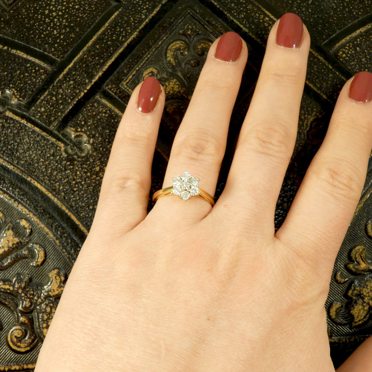 Daisy diamond cluster ring in 18ct Gold shown on finger for size reference, with perfect proportions. Great gift and sentimental present.