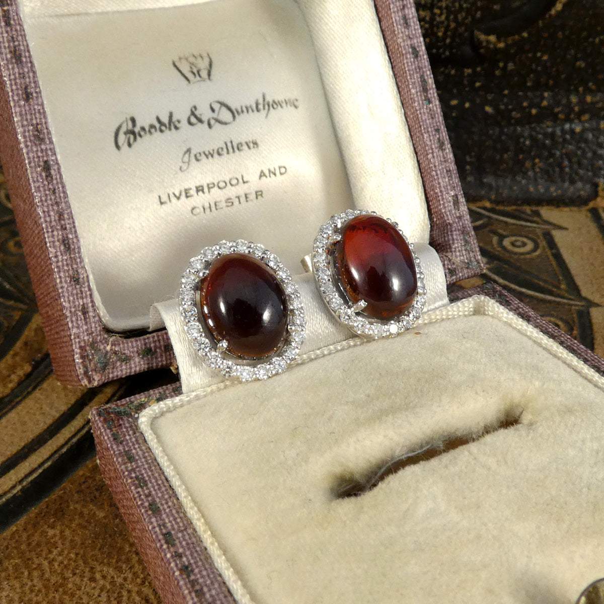 Cabochon Garnet and Diamond Halo Stud Earrings in 18ct White Gold