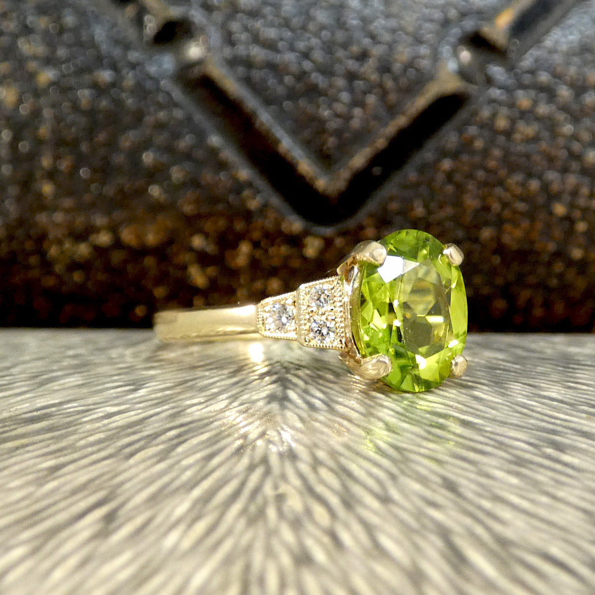 Art Deco Inspired Peridot and Diamond Ring in Yellow Gold