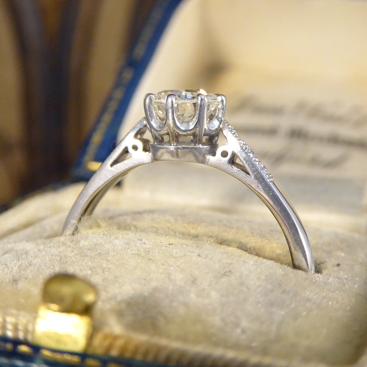 0.53ct Old Cut Diamond Solitaire with Diamond Shoulders in Platinum