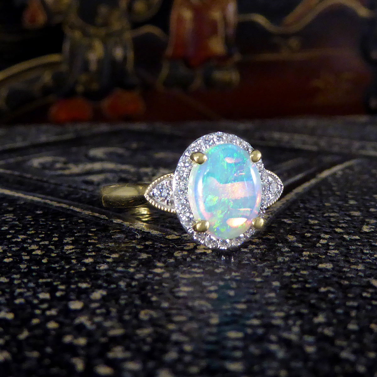 Modern Opal and Diamond Cluster Ring in 18ct Yellow Gold
