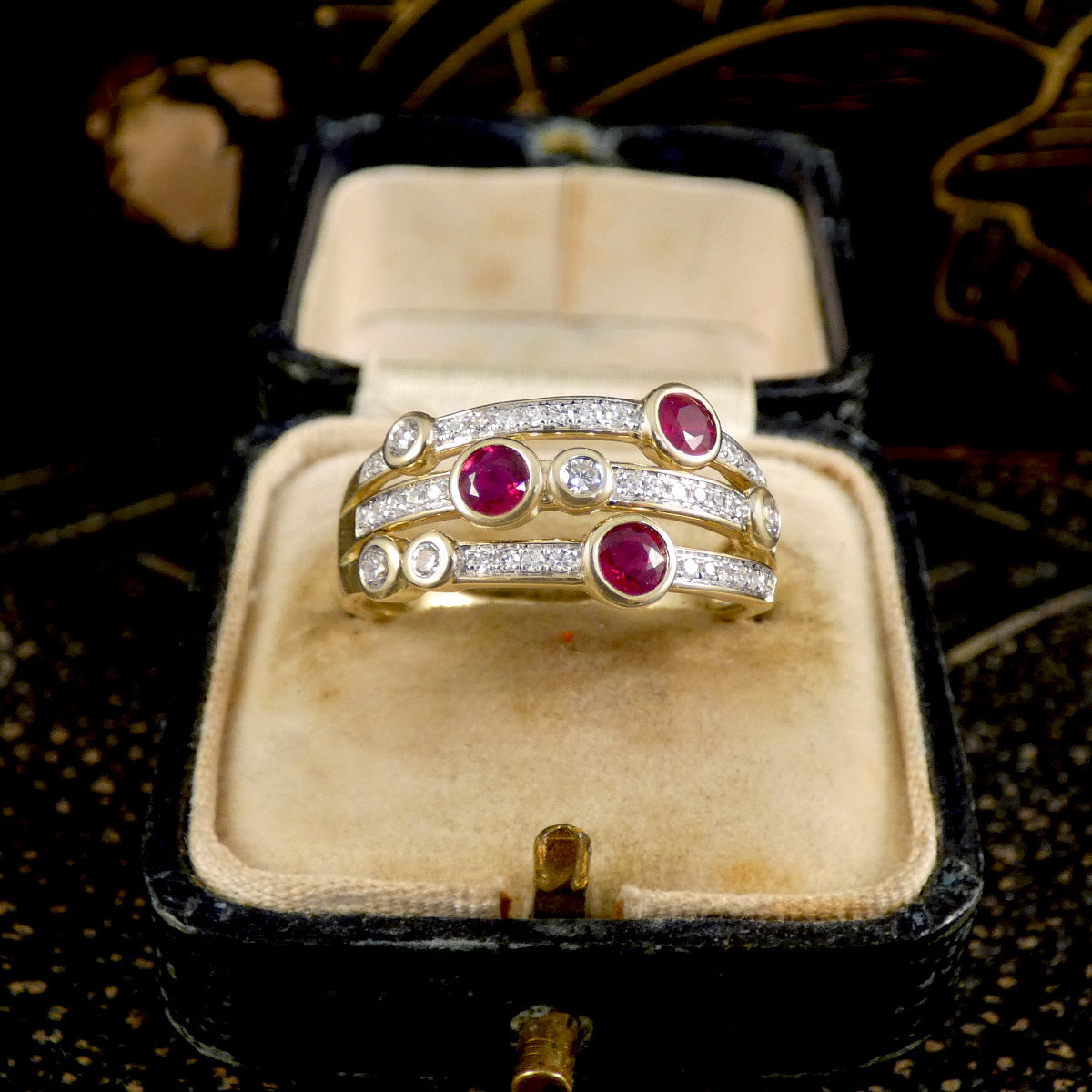 Ruby and Diamond Bubble Style Ring in Yellow Gold