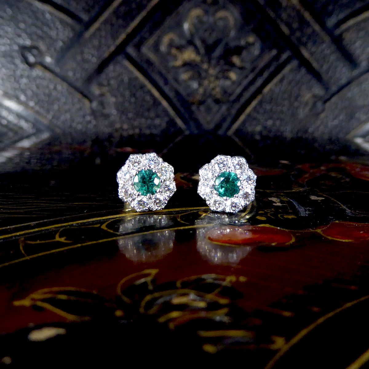 Contemporary 0.50ct Emerald and Diamond Cluster Earrings in 18ct White and Yellow Gold