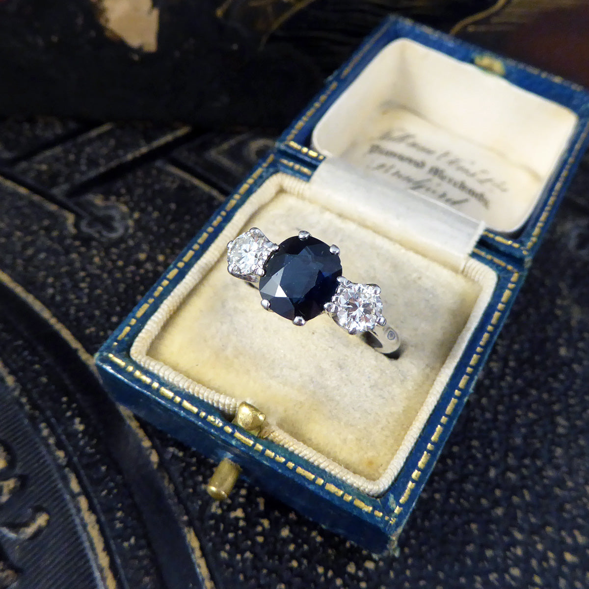 C1920s Deep Sapphire and Diamond Trilogy Ring in 18ct White Gold and Platinum