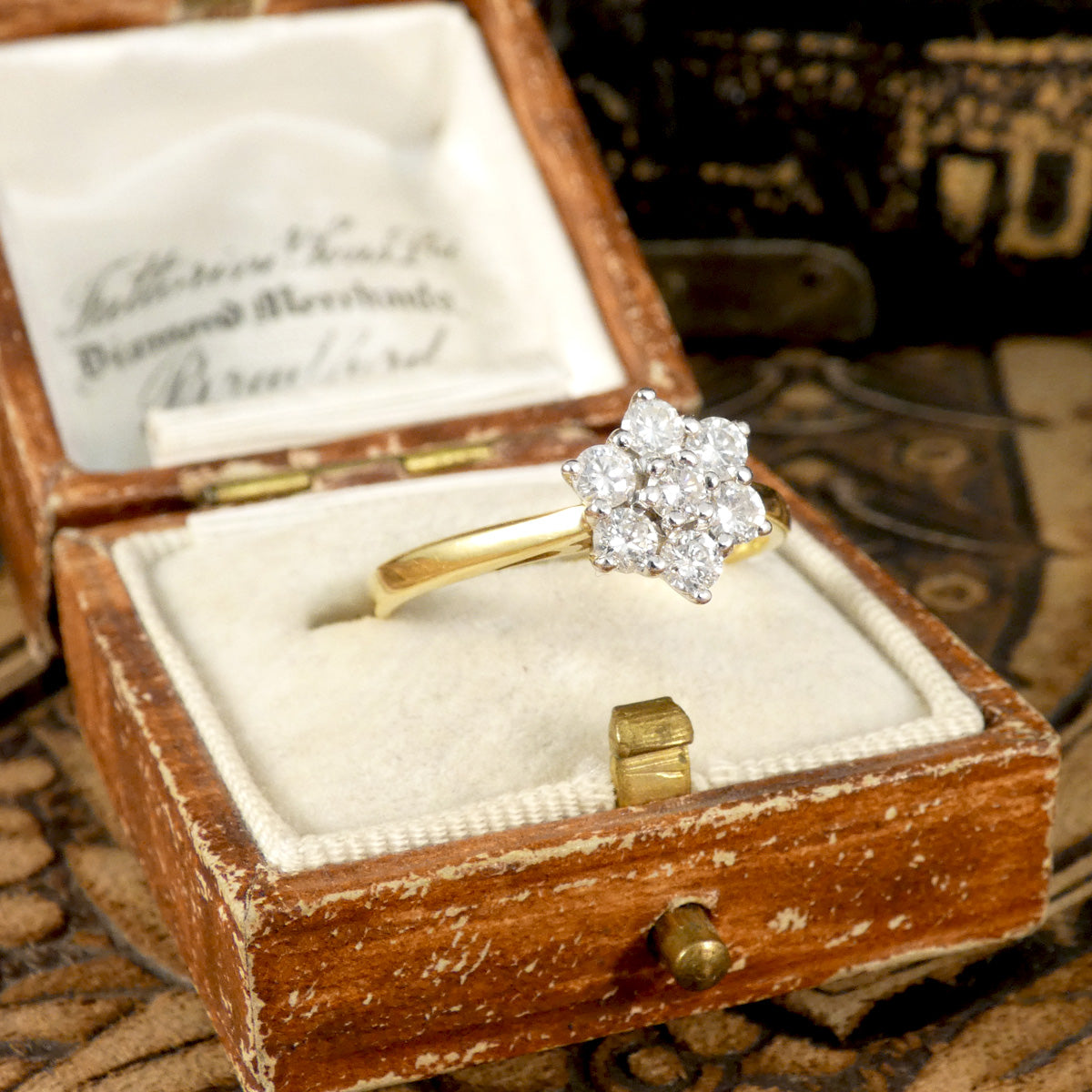 Vintage brilliant cut Diamond flower cluster ring in 18ct White and Yellow Gold. Gorgeous vintage engagement ring displayed in vintage box. The perfect vintage jewellery lovers gift.