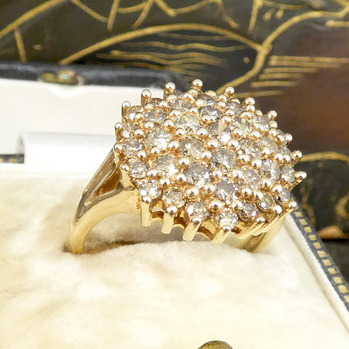 Champagne Tinted Diamond Cluster Cocktail Ring in Yellow Gold with a total diamond weight of approximately 1.50ct sparkling from every angle. The perfect gift with mass sparkle.