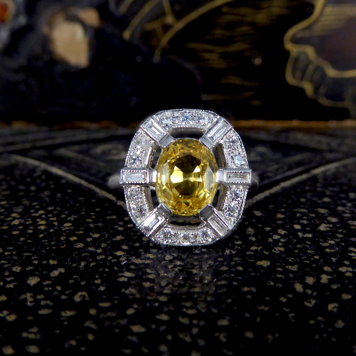 Art Deco Inspired Yellow Sapphire and Diamond Sunshine Cluster Ring in Platinum