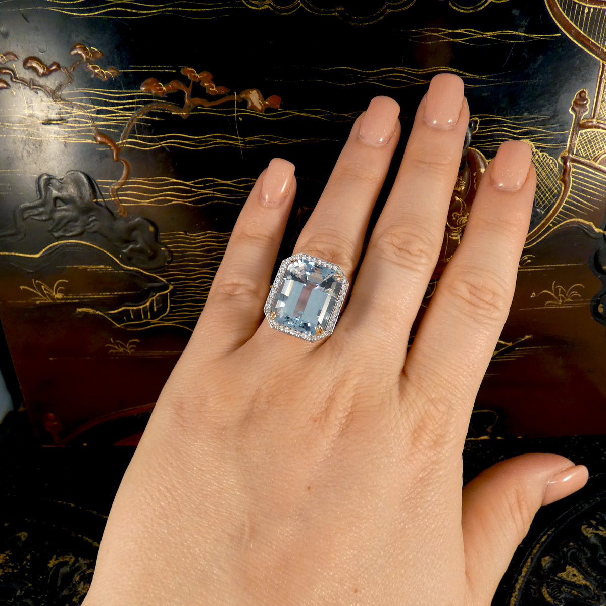 Large Aquamarine and Diamond Halo Ring with Diamond set Shoulders in Platinum