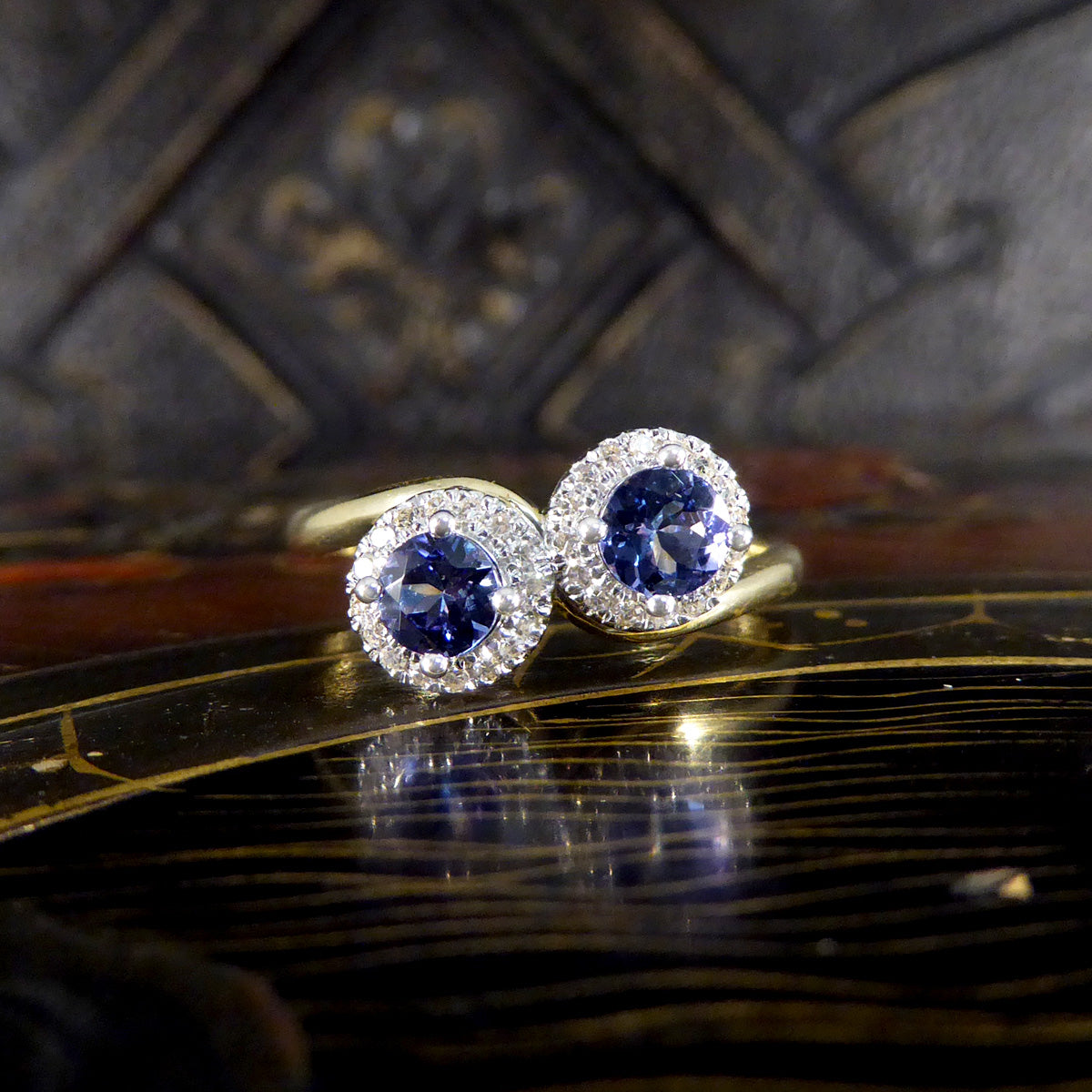 Edwardian Style Tanzanite and Diamond Cluster Toi Et Moi Twist Ring in Yellow and White Gold