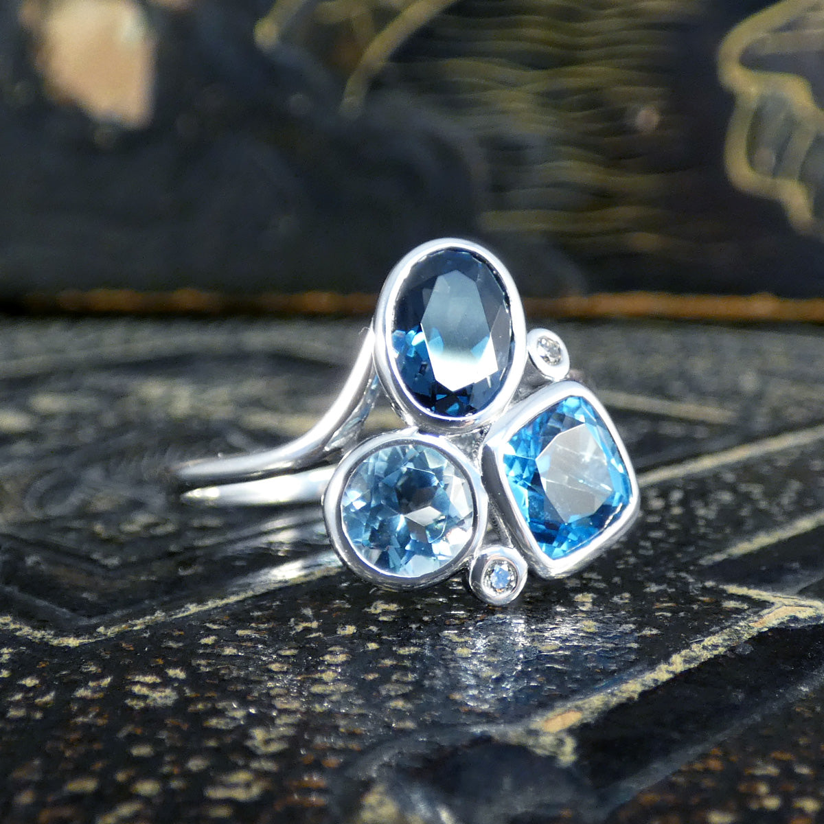 Trio of Blue Topaz and Diamond Cocktail Ring in White Gold