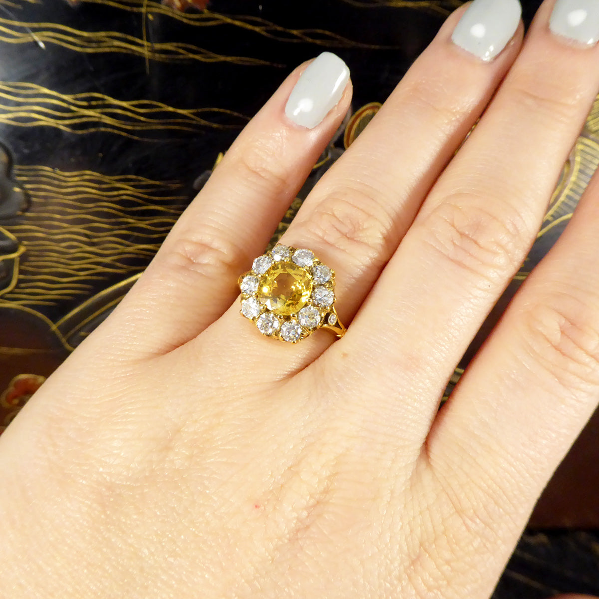 Antique Inspired 2.60ct Yellow Sapphire and Old Cut Diamond Cluster Ring in 18ct Yellow Gold