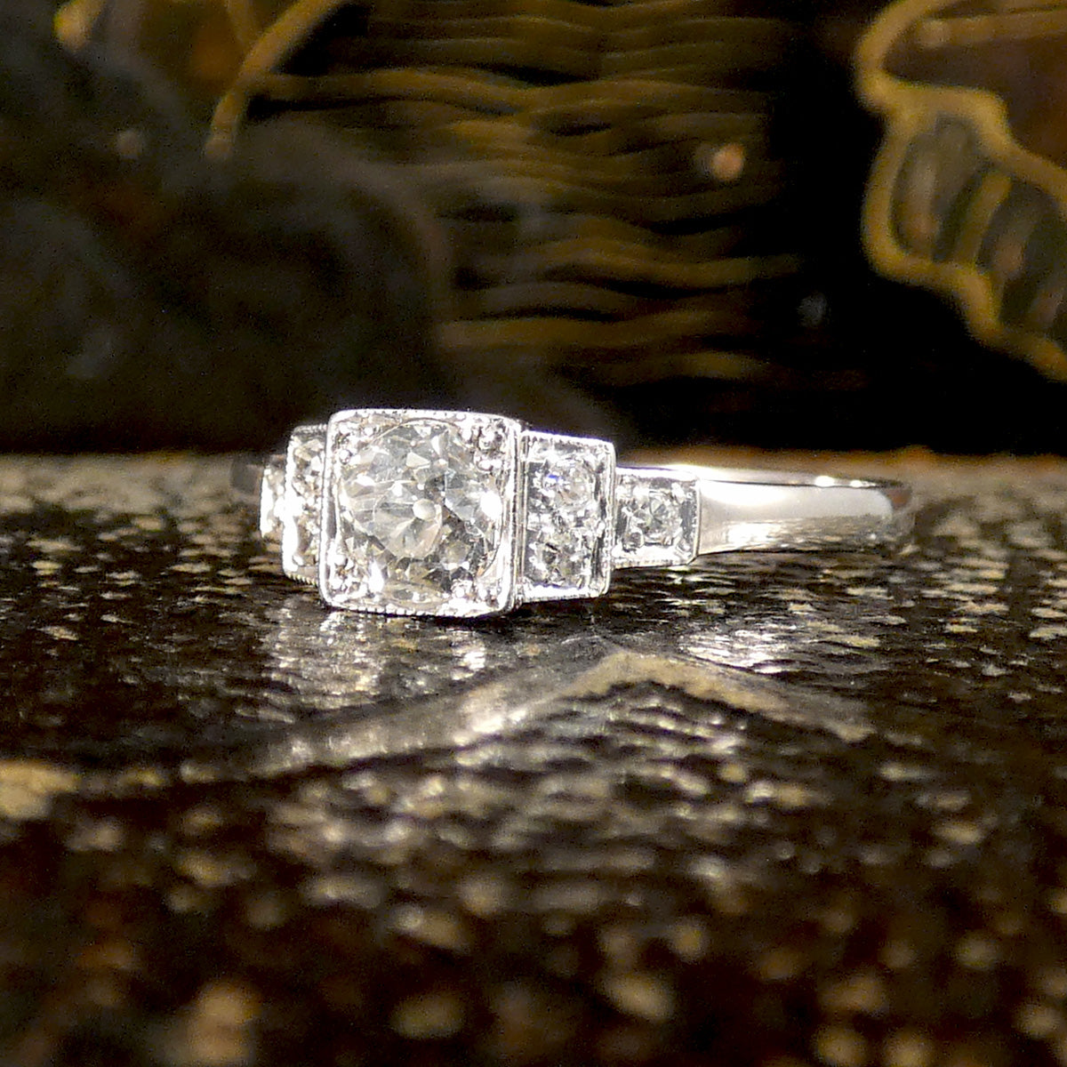 Vintage Art Deco Style Old Cut Diamond Ring with Diamond Staged Shoulders in Platinum. The perfect gift or engagement ring for anyone who likes a vintage beautiful piece.