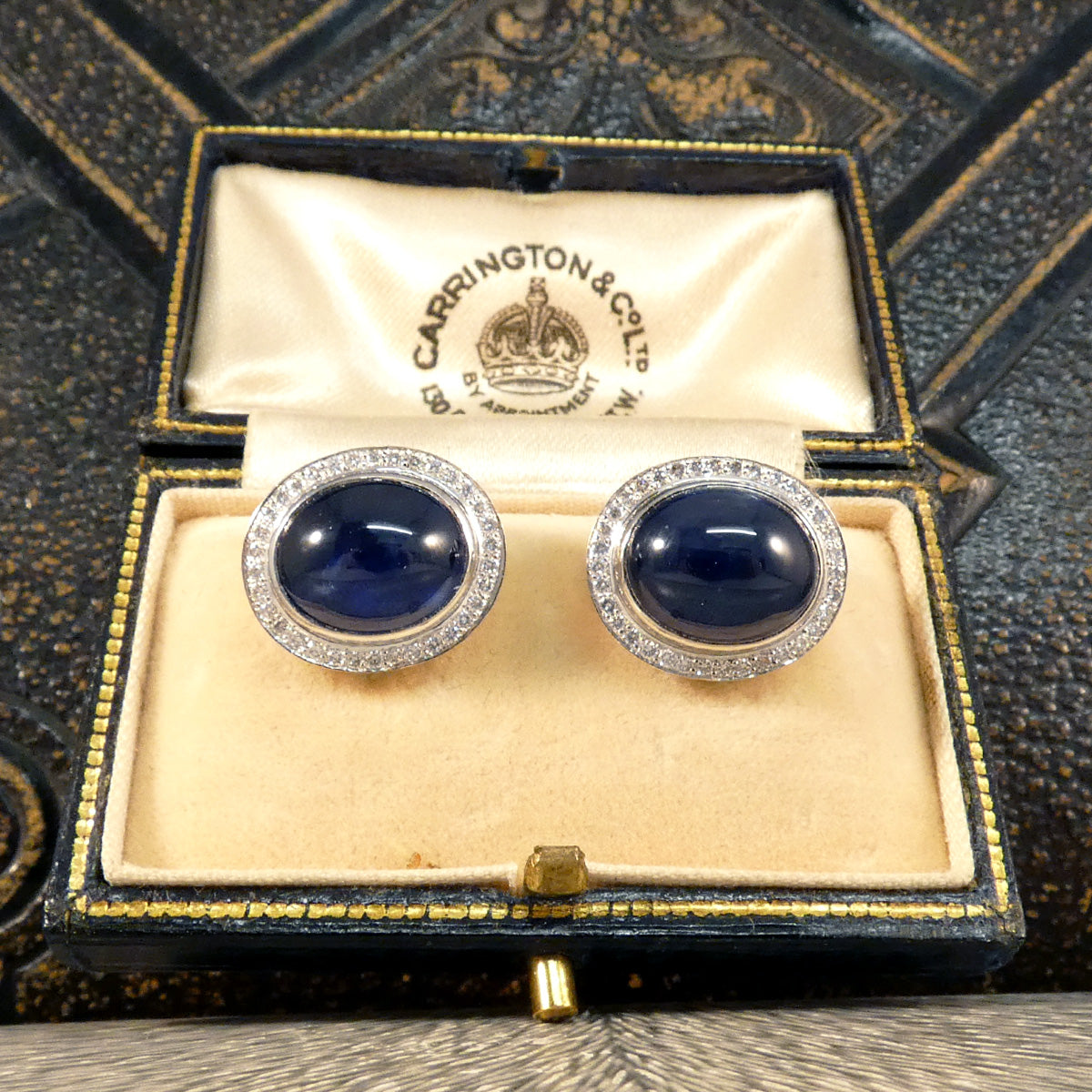 Cabochon Sapphire and Diamond Cluster Stud Earrings 18ct White Gold