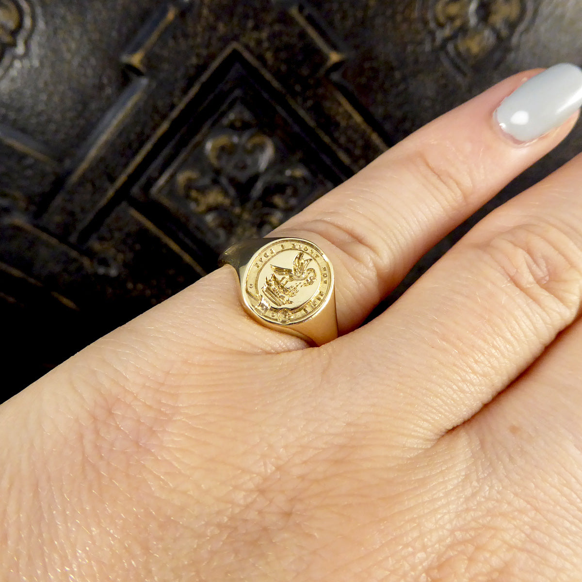 "I Die For Those I Love" Crested Signet Ring in Yellow Gold