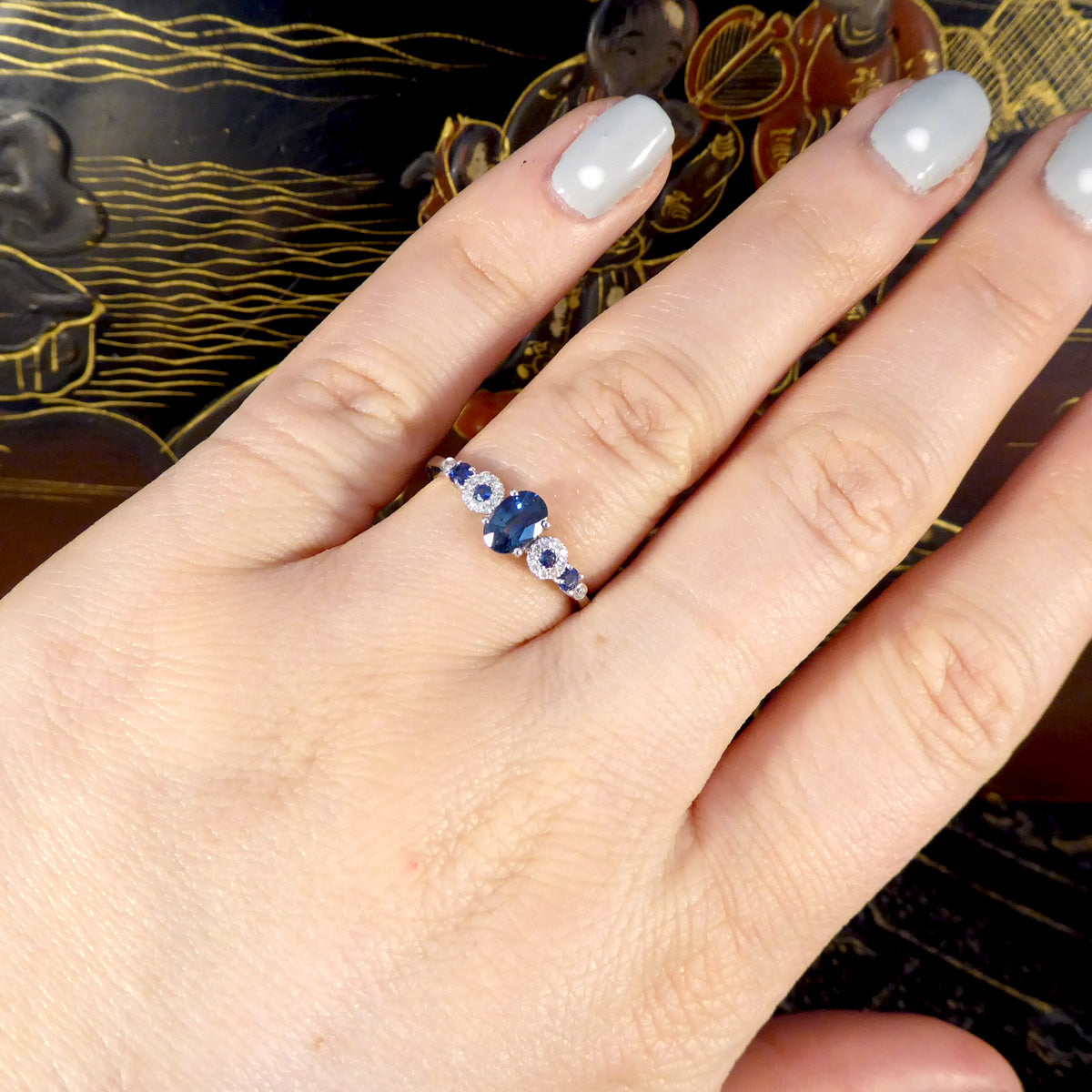 Unique Geometric Sapphire and Diamond Ring in 18ct White Gold