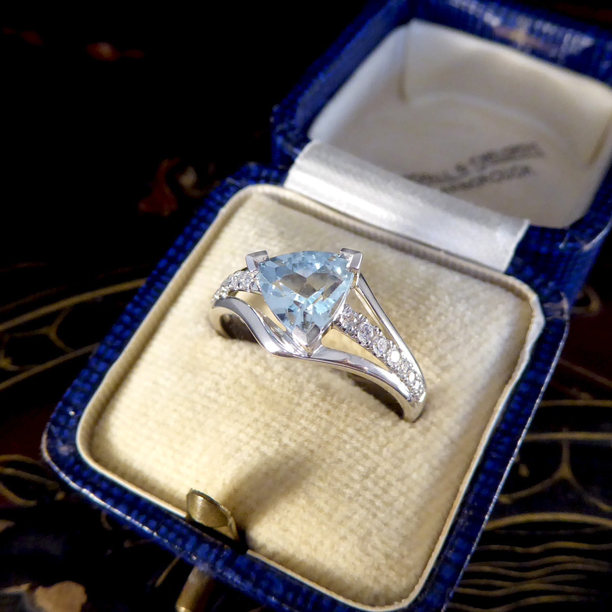 Aquamarine Trillion Cut and Diamond Set Three Strand Ring in 18ct White Gold