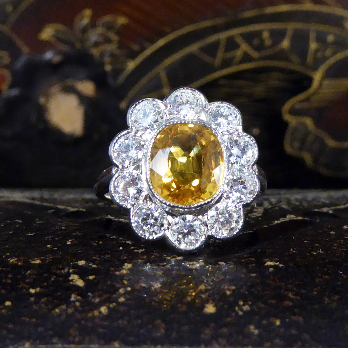 Bright and Rich 2.90ct Cushioned Oval Yellow Sapphire and 1.30ct Diamond Cluster Ring in Platinum