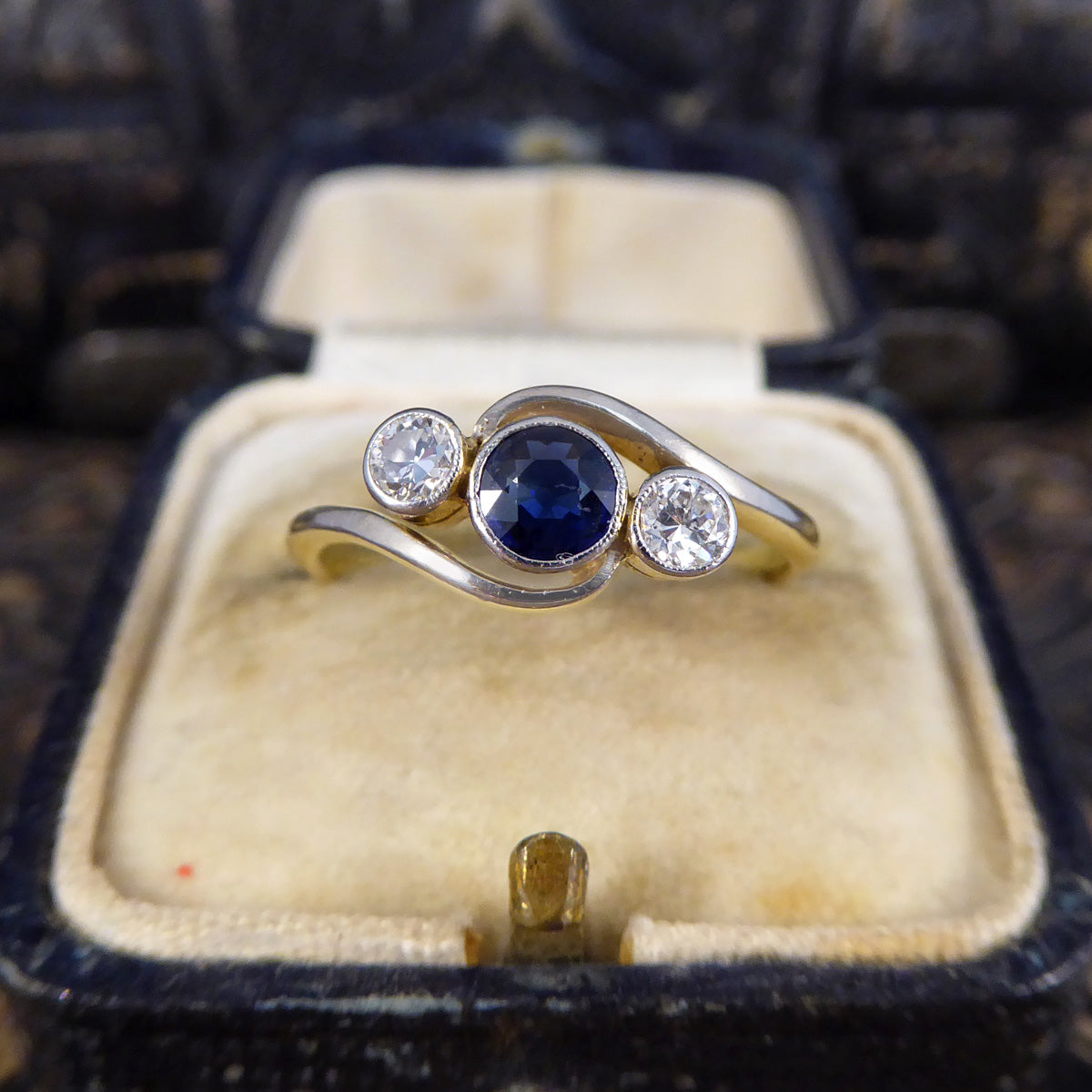 Edwardian Sapphire & Diamond Three Stone Crossover Ring in 18ct Gold and Platinum