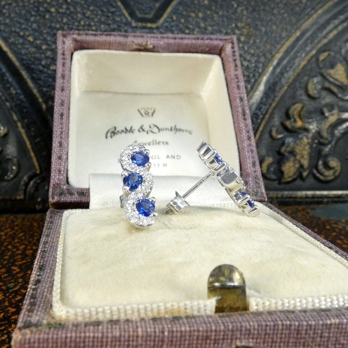 Ceylon Sapphire and Diamond Three Stone Lazy River Earrings in Platinum