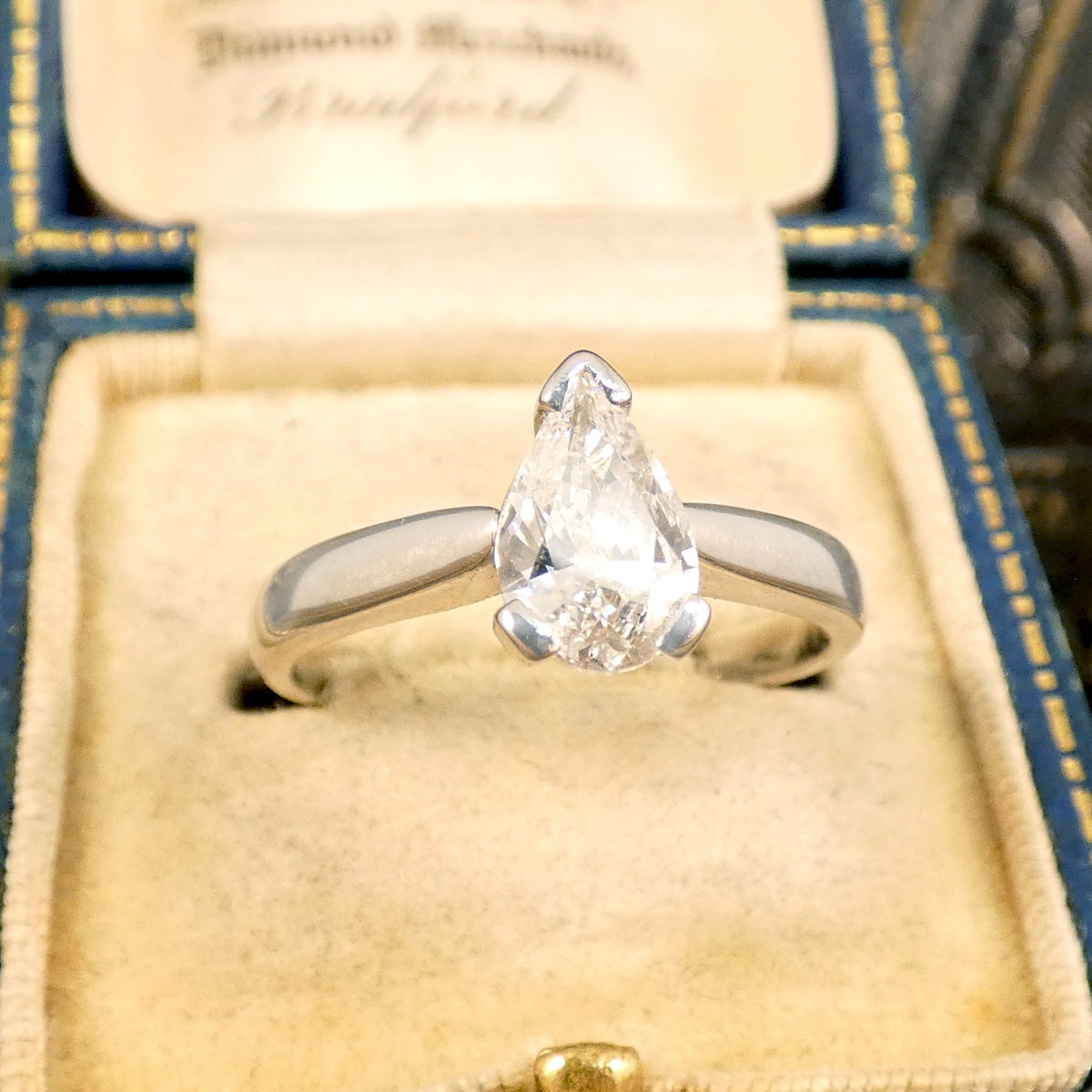 High colour and high clarity 0.70ct Pear Cut Diamond solitaire engagement ring fully crafted in Platinum.