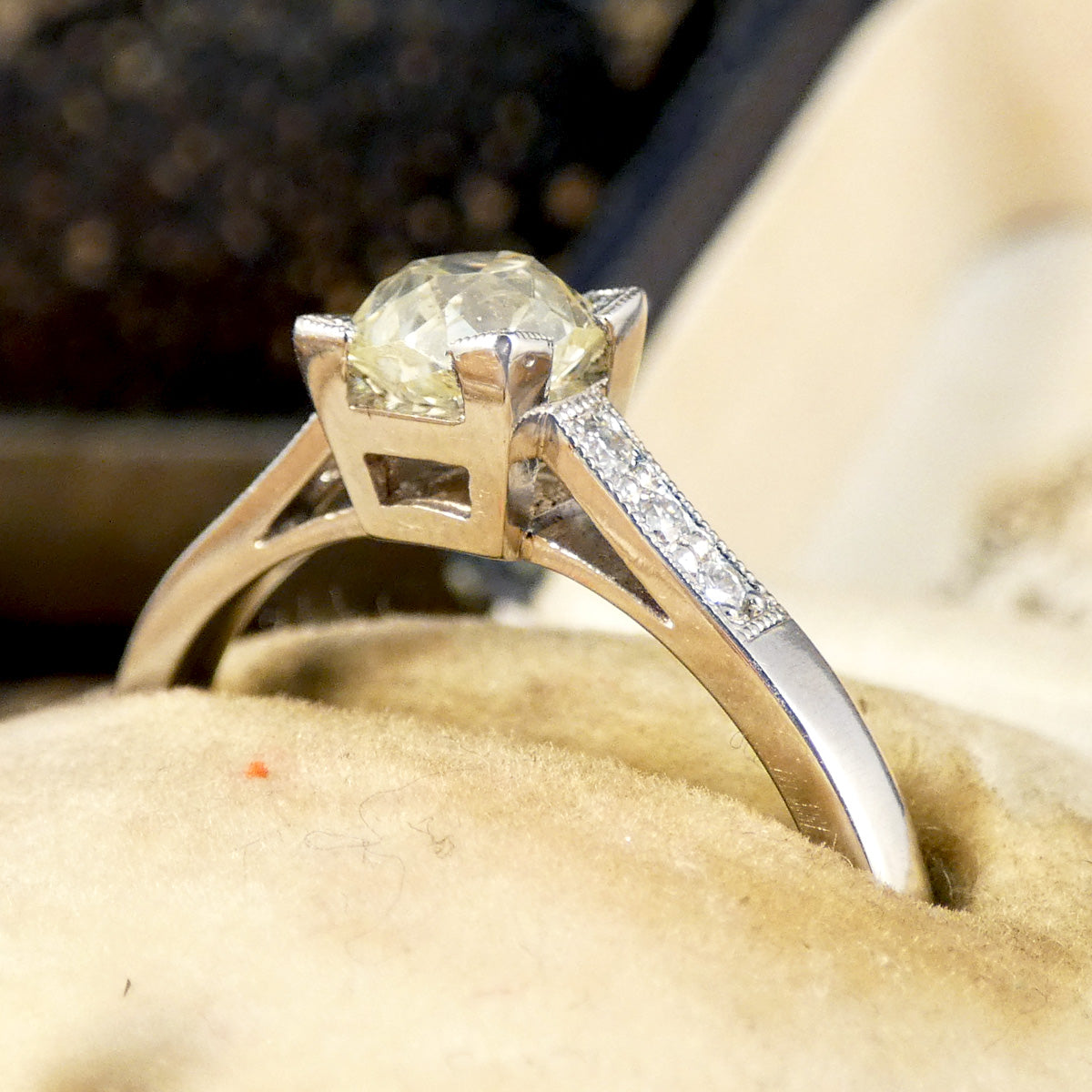 Champagne Old Cushion Cut Diamond Solitaire with Diamond set Shoulders in Platinum