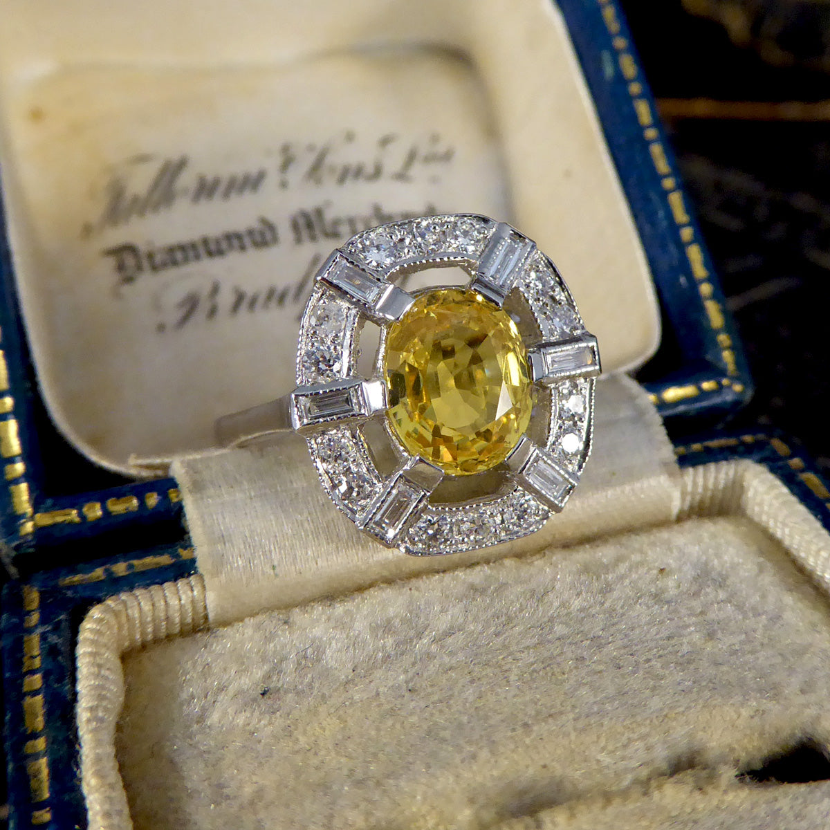 Art Deco Inspired Yellow Sapphire and Diamond Sunshine Cluster Ring in Platinum