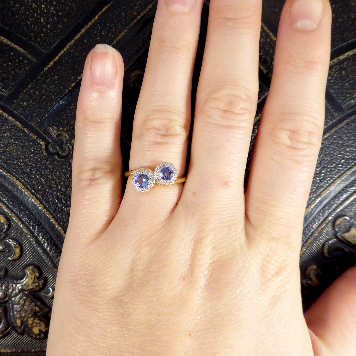 Edwardian Style Tanzanite and Diamond Cluster Toi Et Moi Twist Ring in Yellow and White Gold