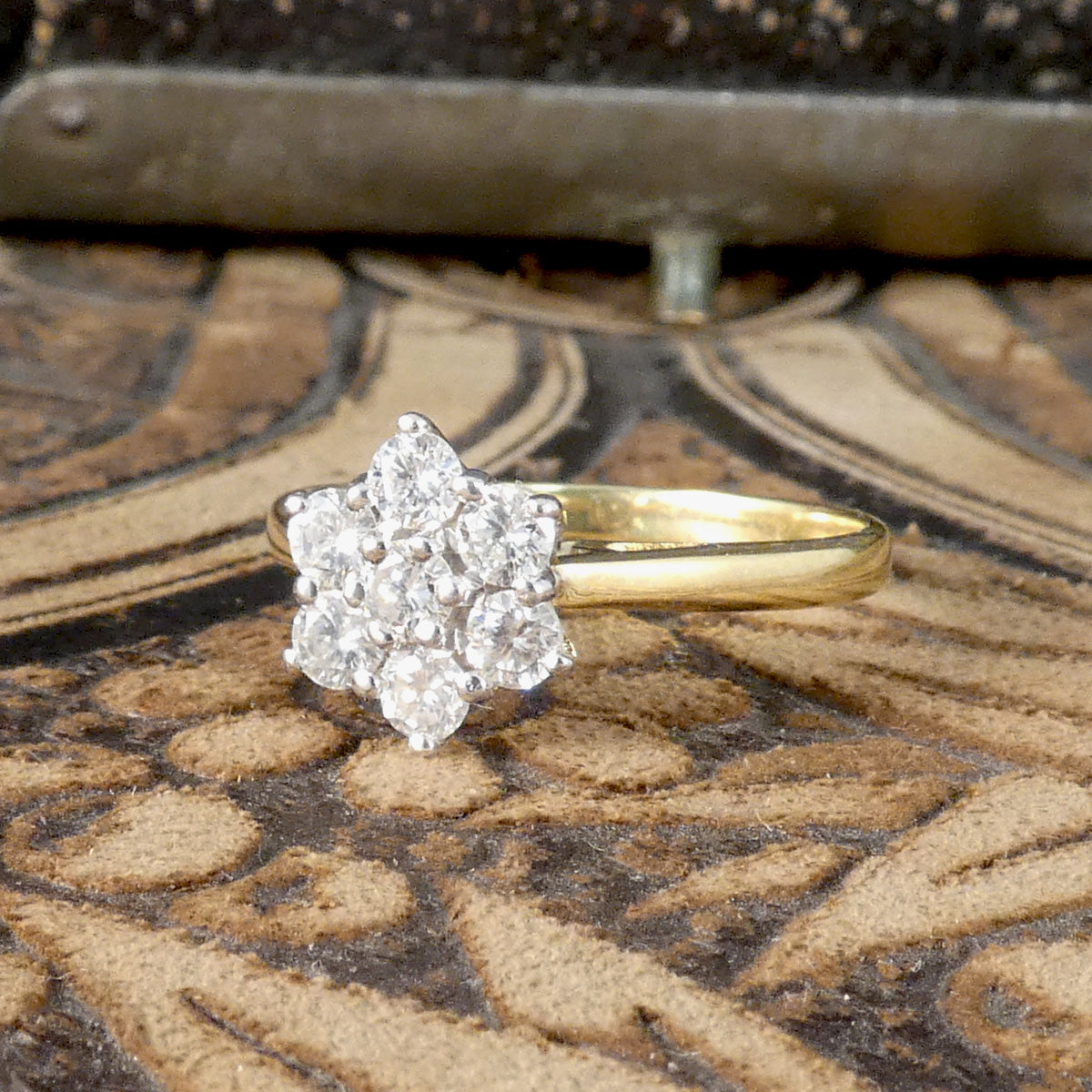 Vintage brilliant cut Diamond flower cluster ring in 18ct White and Yellow Gold. Gorgeous vintage engagement ring.