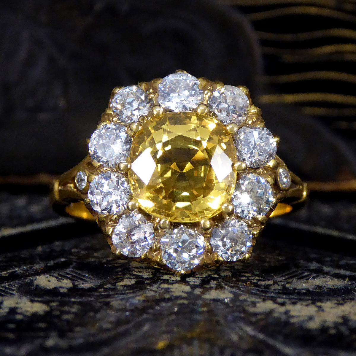 Antique Inspired 2.60ct Yellow Sapphire and Old Cut Diamond Cluster Ring in 18ct Yellow Gold